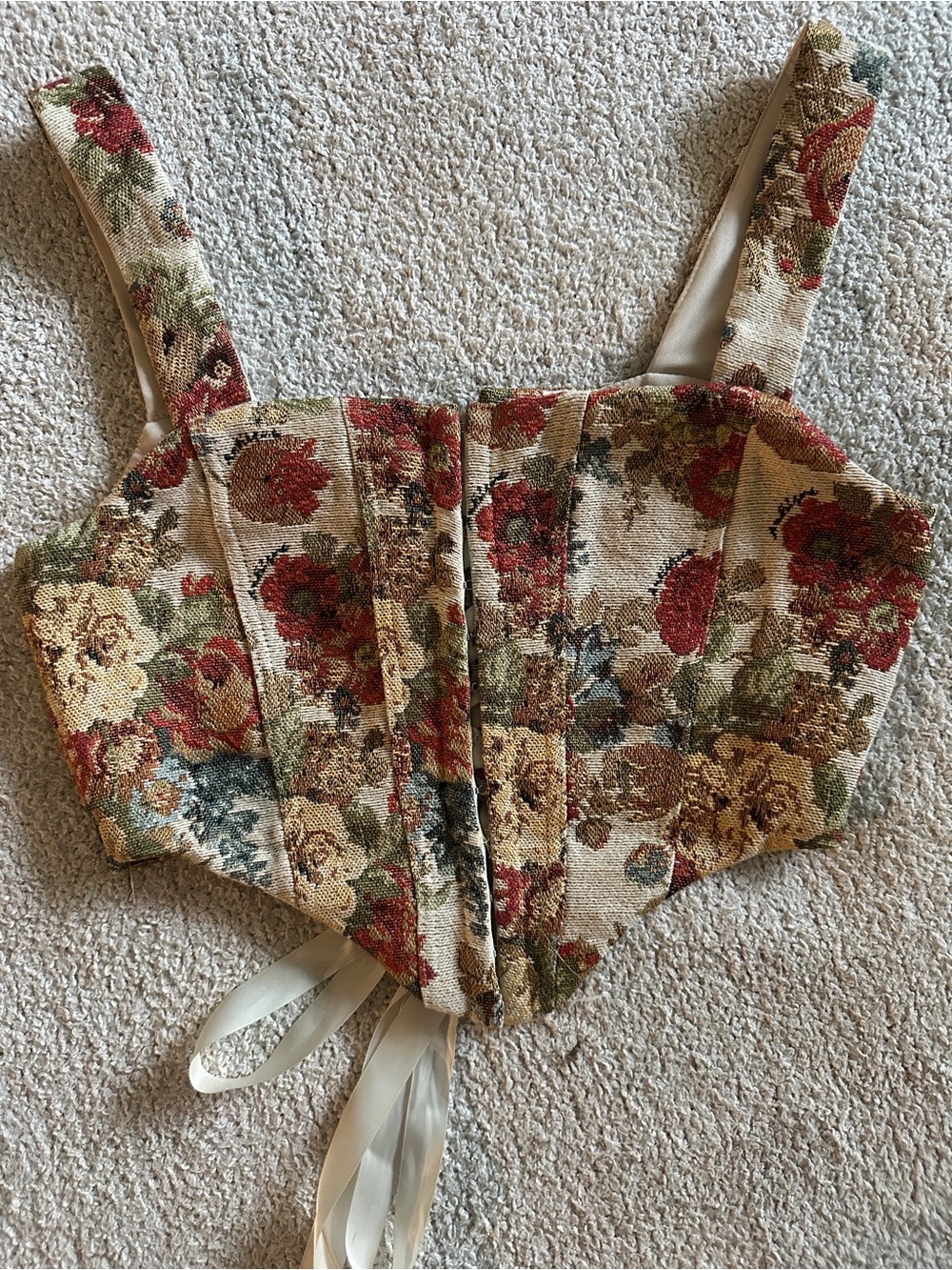 Floral Tapestry Corset Top with Ribbon Tie - Beige Red Green